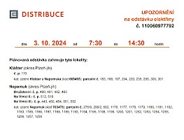 Upozornění na odstávku elektřiny - 3.10.2024